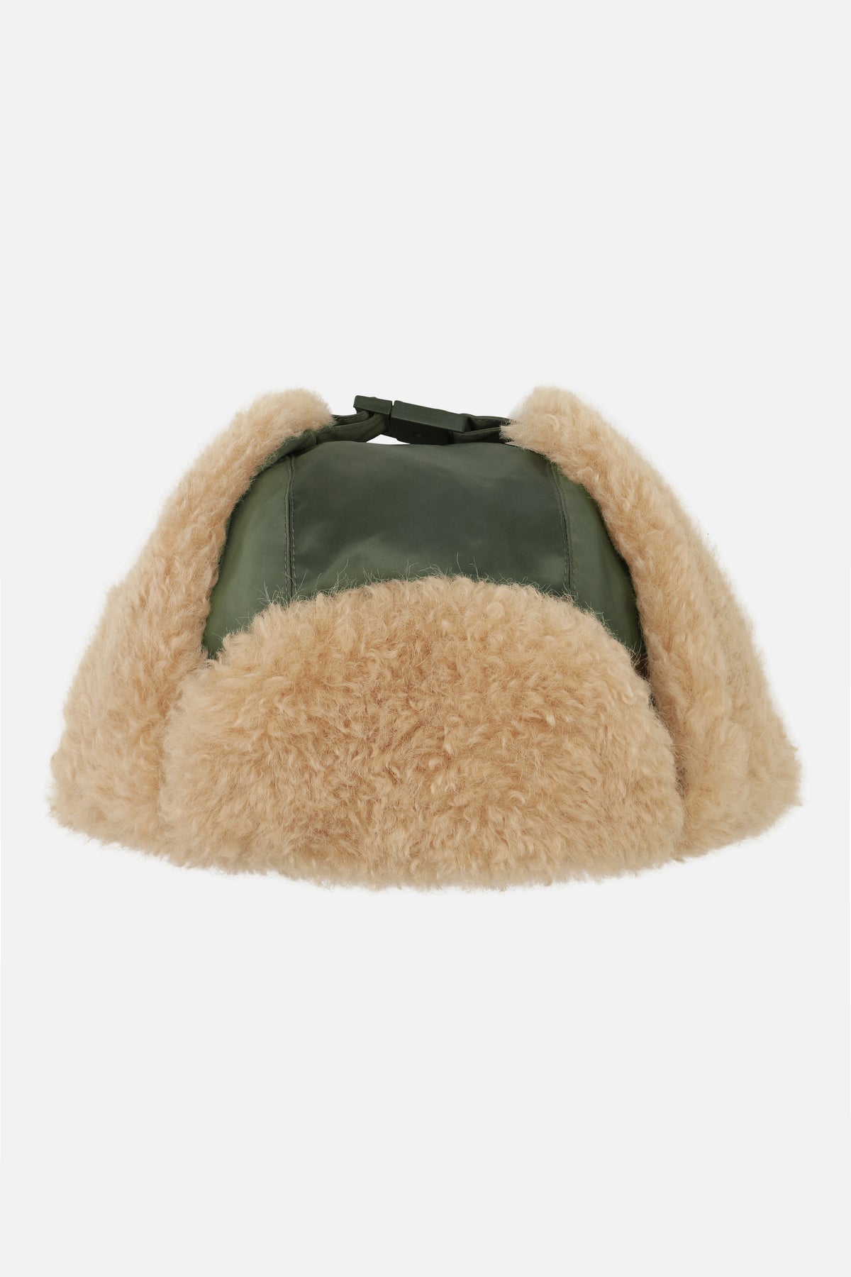 Close-up of a beige fluffy bag showing its olive-green lining and dark buckle closure