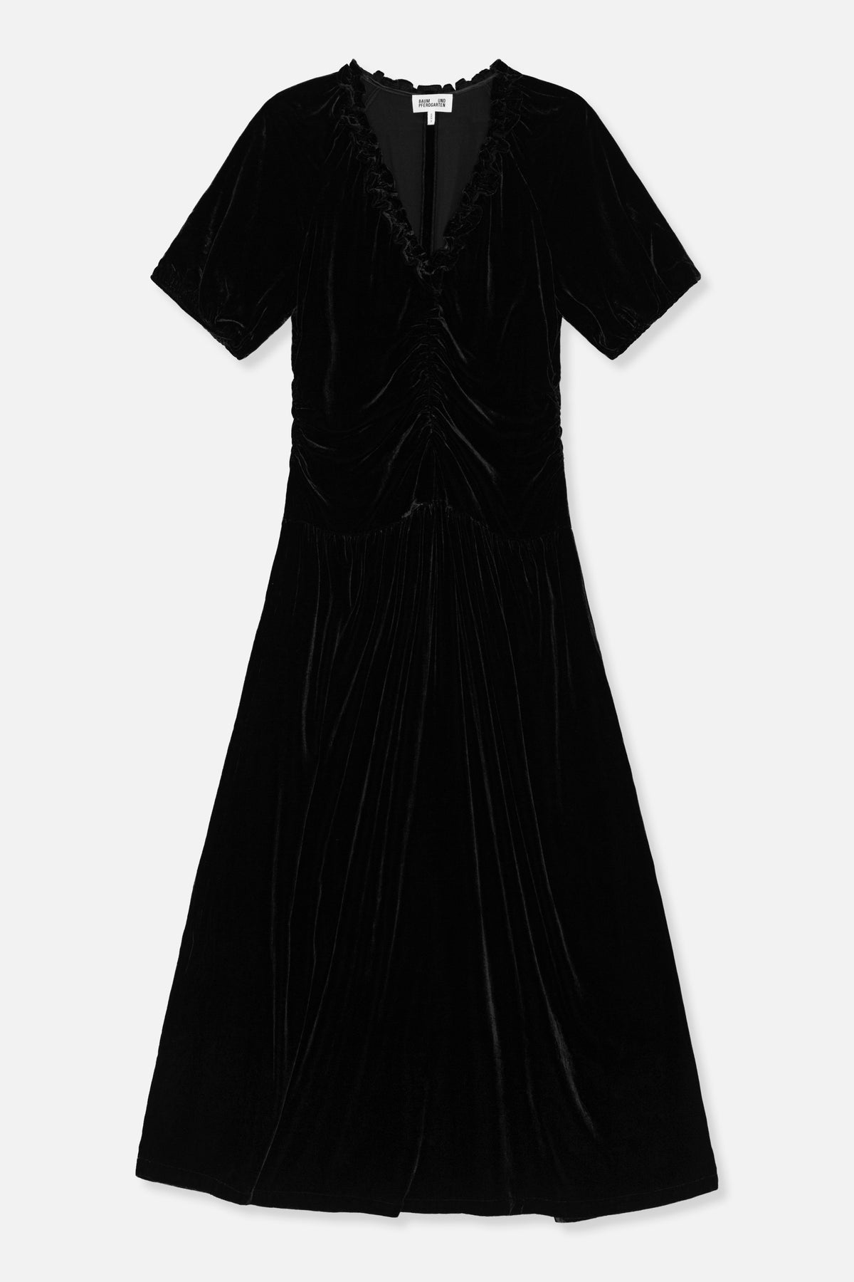 Black velvet short-sleeved dress with a ruffled V-neck, gathered waist and flowing flared skirt, shown from the front.