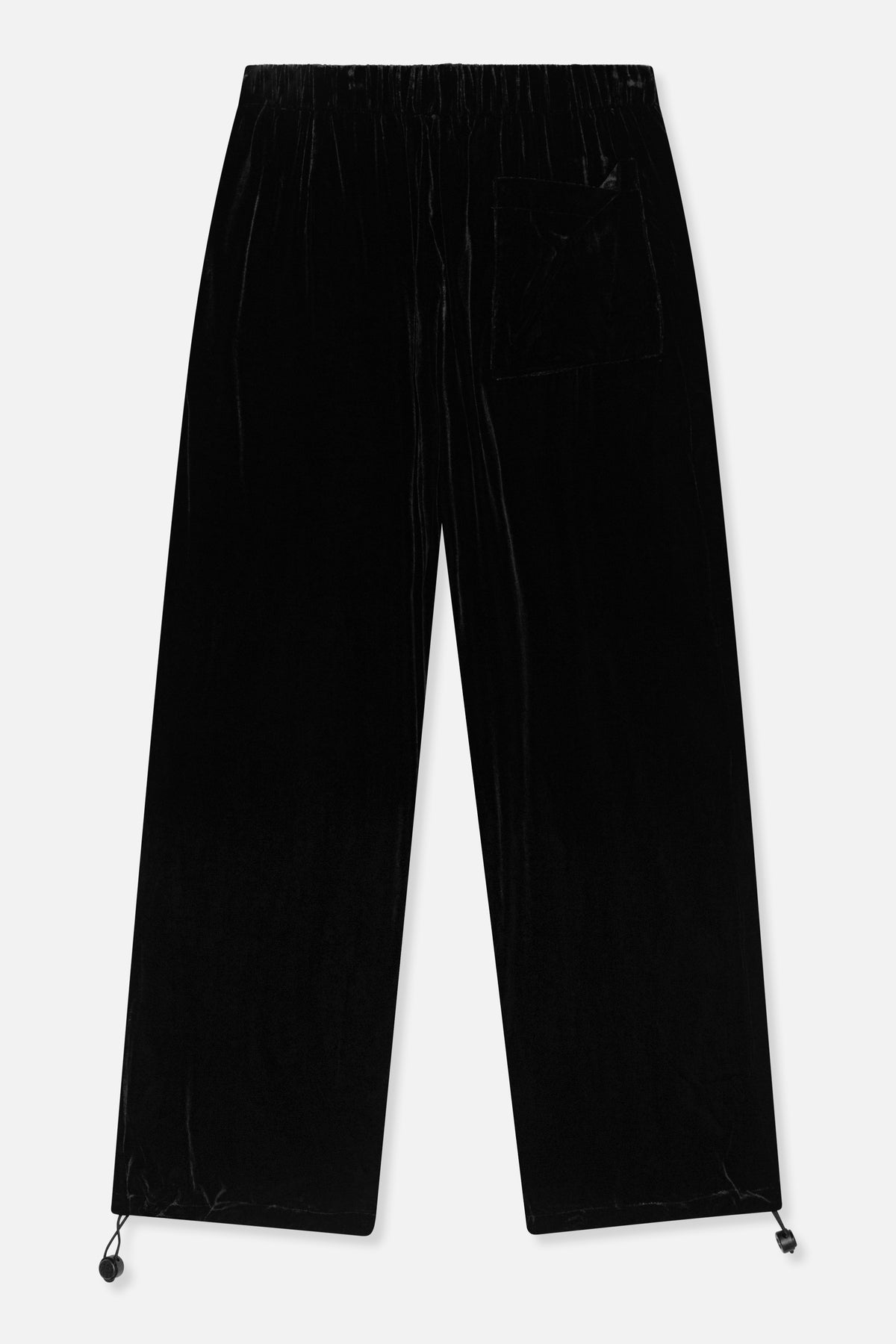 Schwarze Hose mit weitem Bein, gerafftem Bund, einer aufgesetzten Gesäßtasche und verstellbaren Kordeln am Saum.