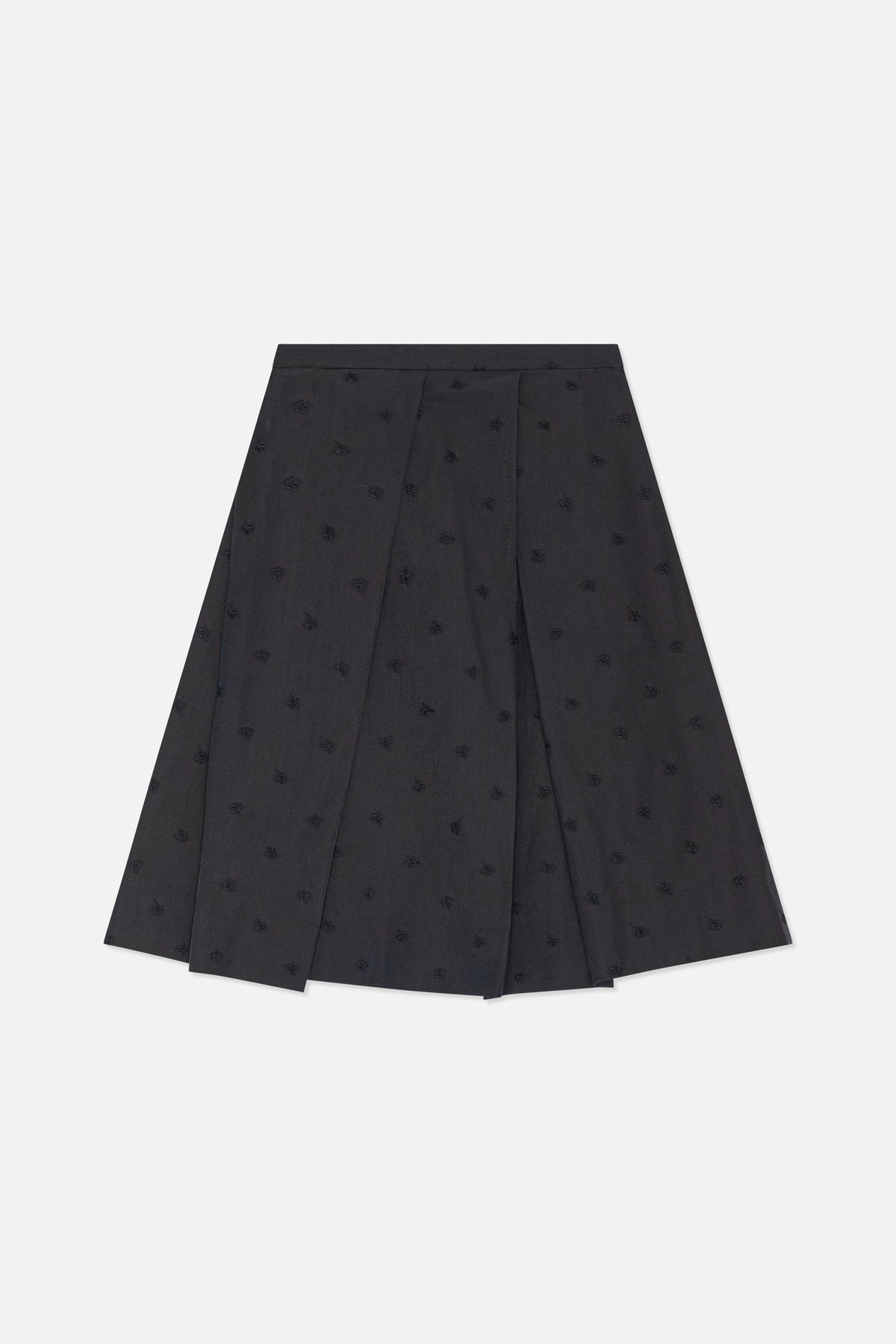 Front view of a long charcoal A-line skirt with panel seams and scattered tonal floral embroidery.