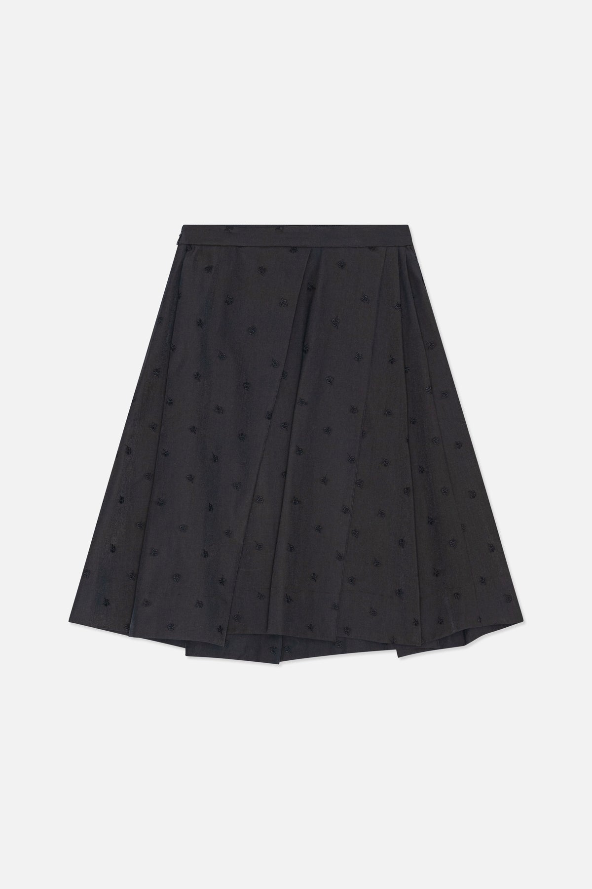 Full-length front view of a charcoal pleated midi skirt with scattered black embroidered motifs.