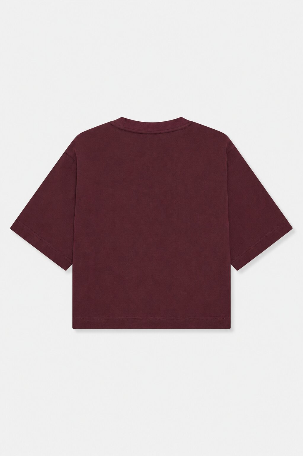 Achteraanzicht van een effen bordeaux T-shirt met korte mouwen, ronde hals en rechte zoom.