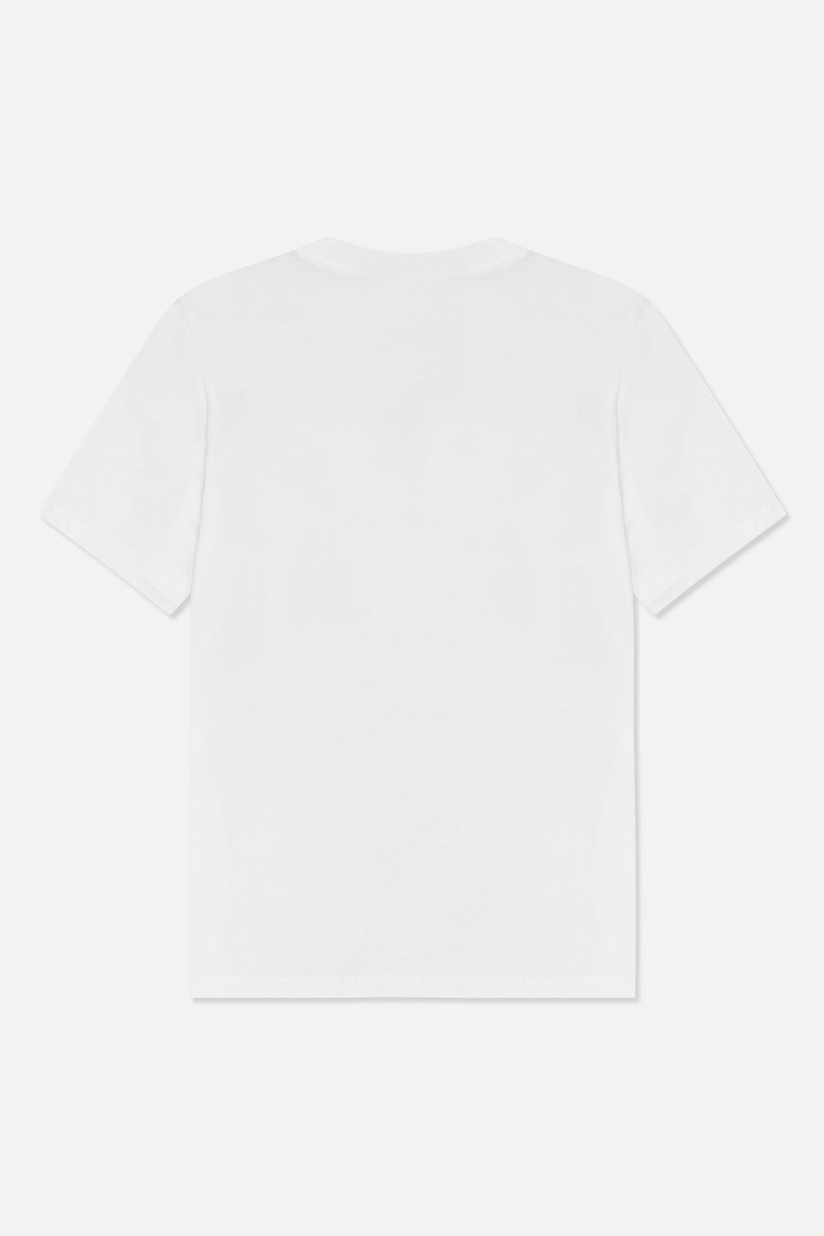 Back view of a plain white short-sleeved crew-neck T-shirt.