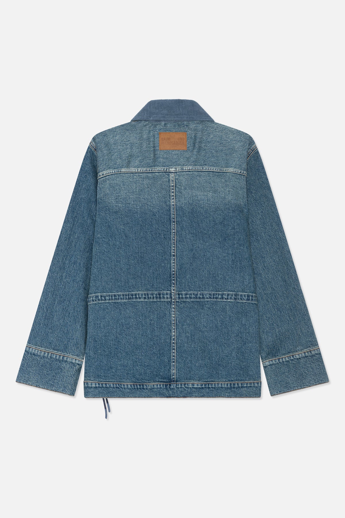 Back view of a blue denim jacket with a contrasting ribbed collar, stitched panels, and adjustable hem cords.