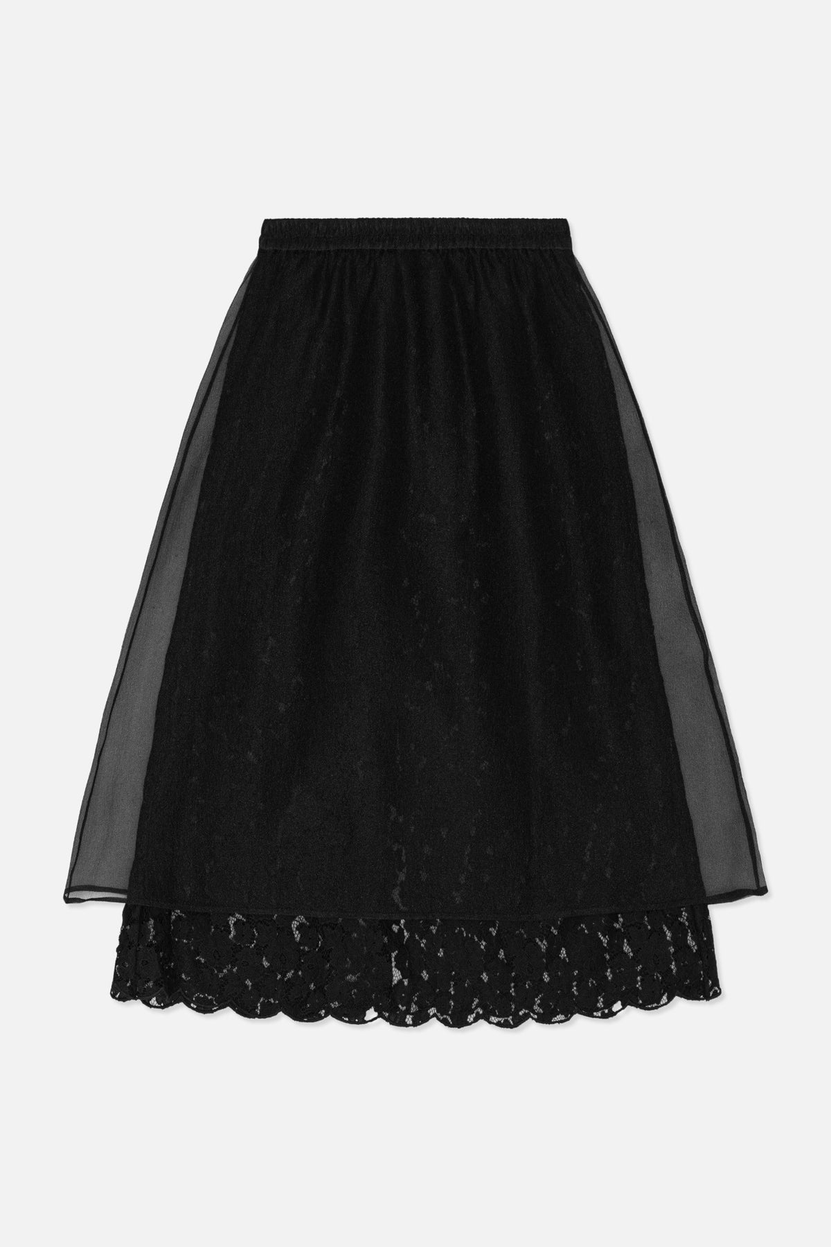 Black skirt with an elastic waist, sheer overlay panels and a scalloped lace hem