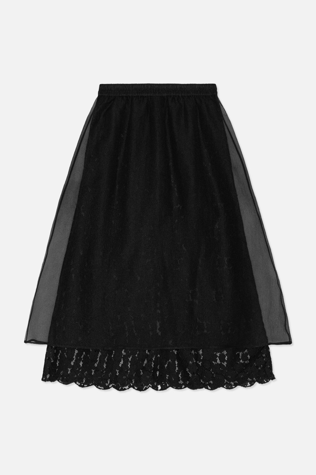 Black A-line skirt with a sheer overlay and a scalloped lace hem, shown from the front.