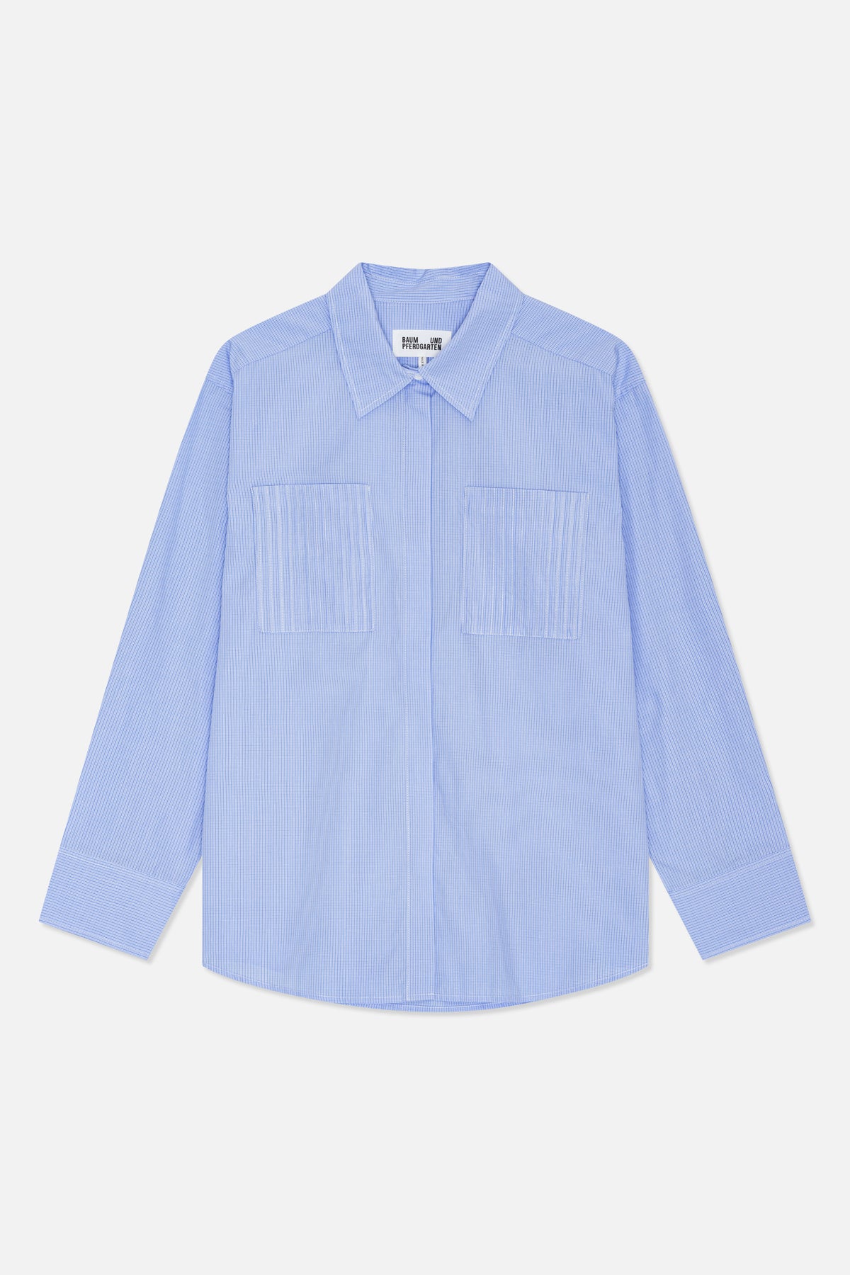Front view of a light blue fine-striped long-sleeved shirt with a pointed collar and two large patch pockets.