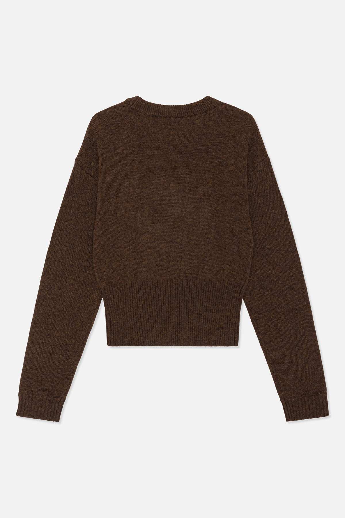 Back view of a brown knit sweater with a ribbed crew neck, long sleeves, and wide ribbed hem and cuffs.