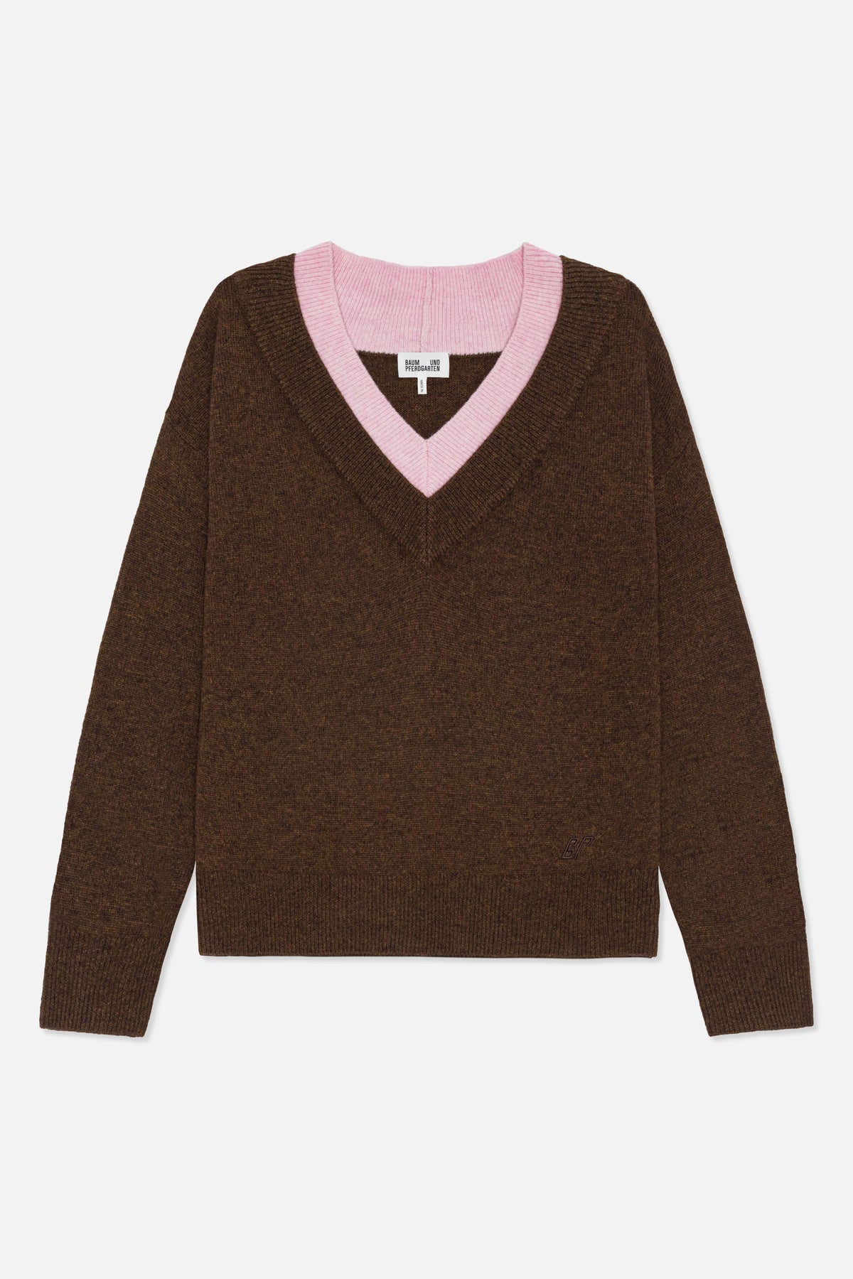 Front view of a brown knit sweater with a contrasting pink V-neck trim and ribbed cuffs and hem.