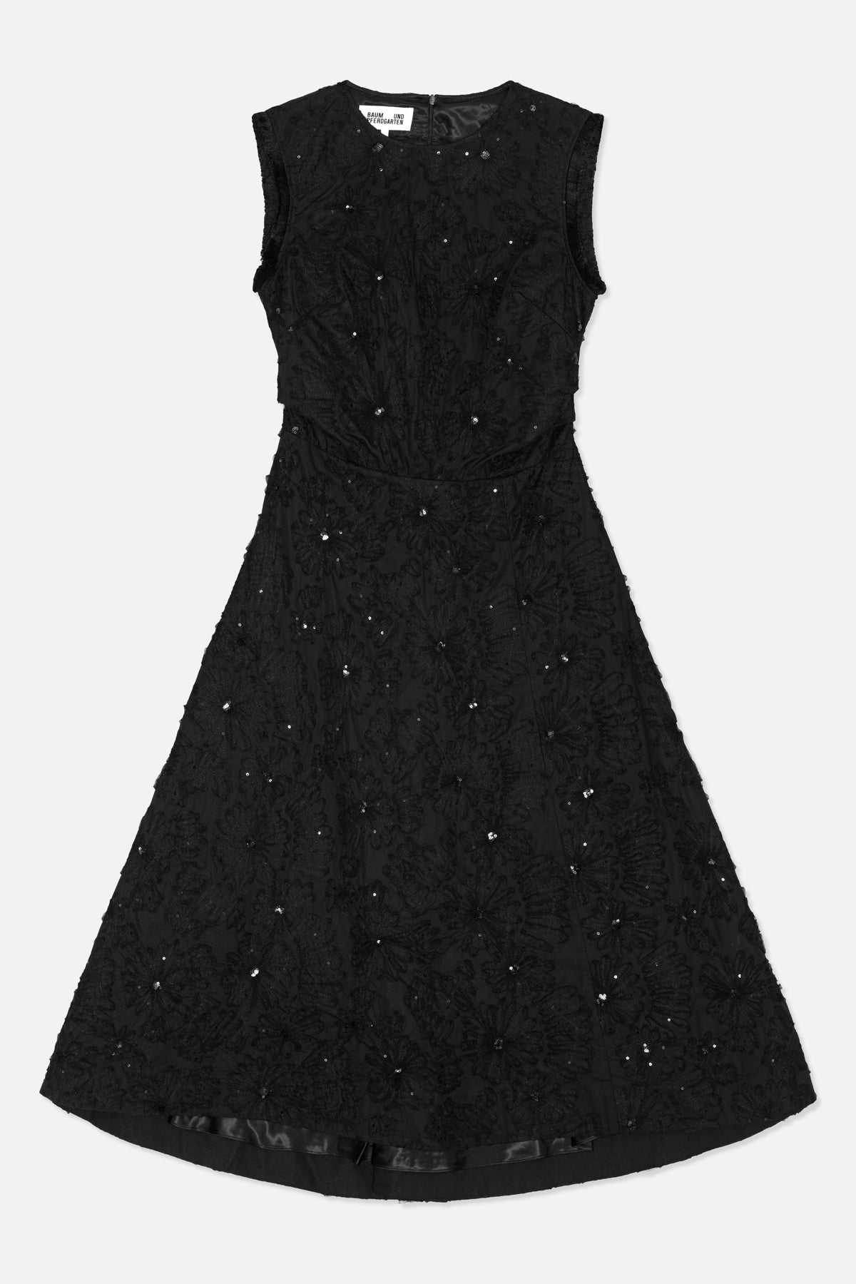 Front view of a black sleeveless dress with a round neckline, fitted waist, and flared skirt covered in floral embroidery and sequins.