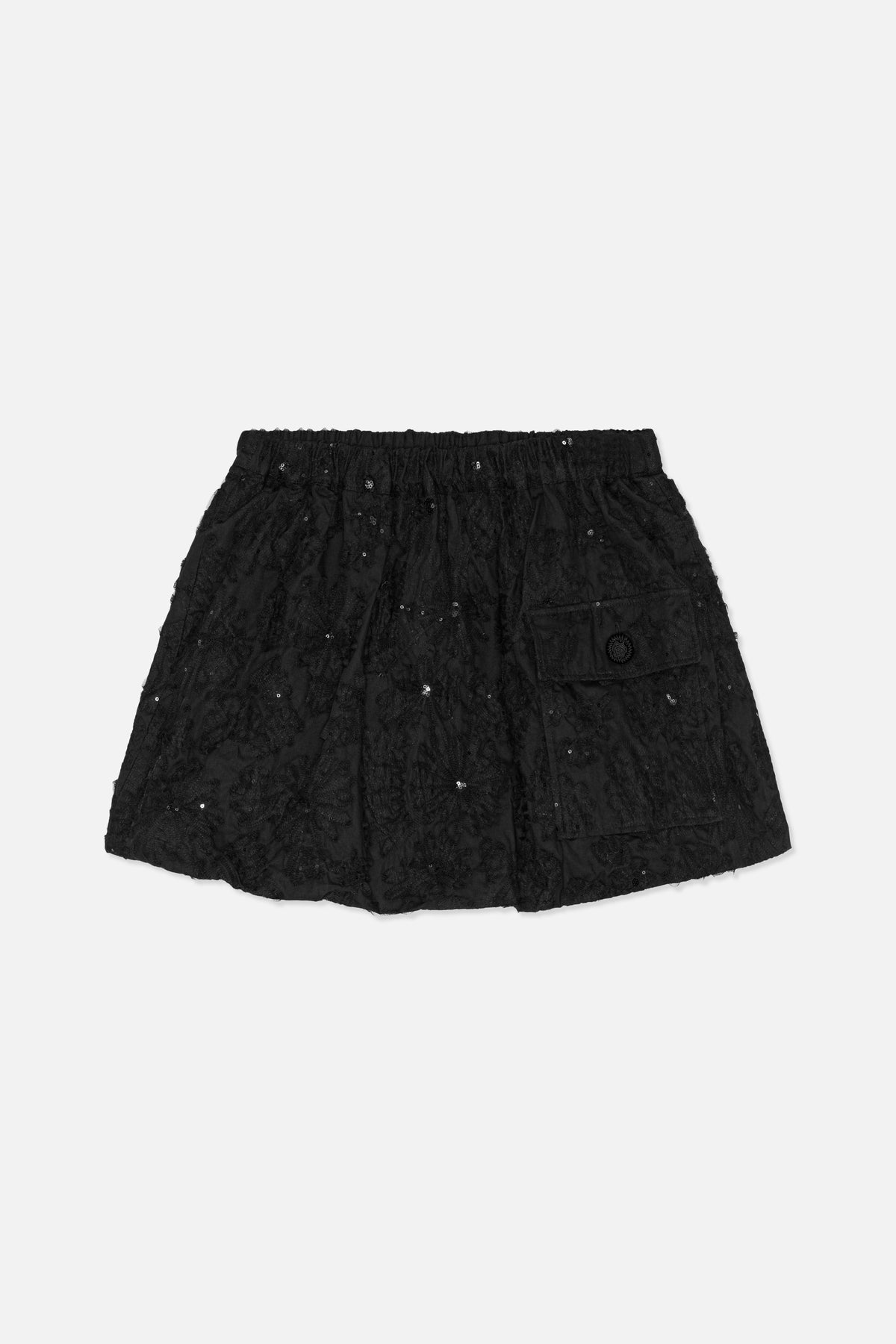 Black flared skirt with an elasticated waistband, floral embroidery, scattered sequins and flap pockets, shown from the front.