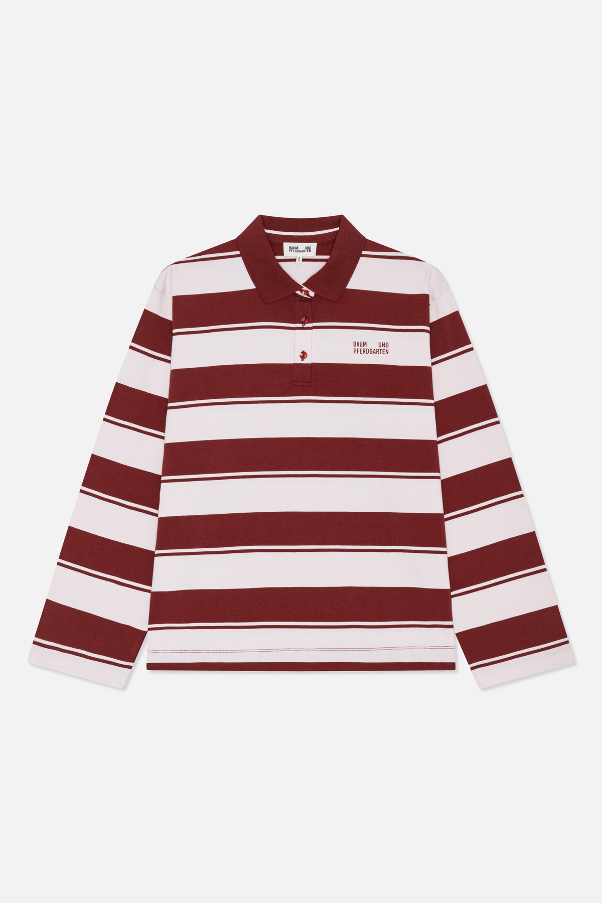 Front view of a long-sleeved polo shirt with broad burgundy and pale pink horizontal stripes, a pointed collar, button placket and chest logo.