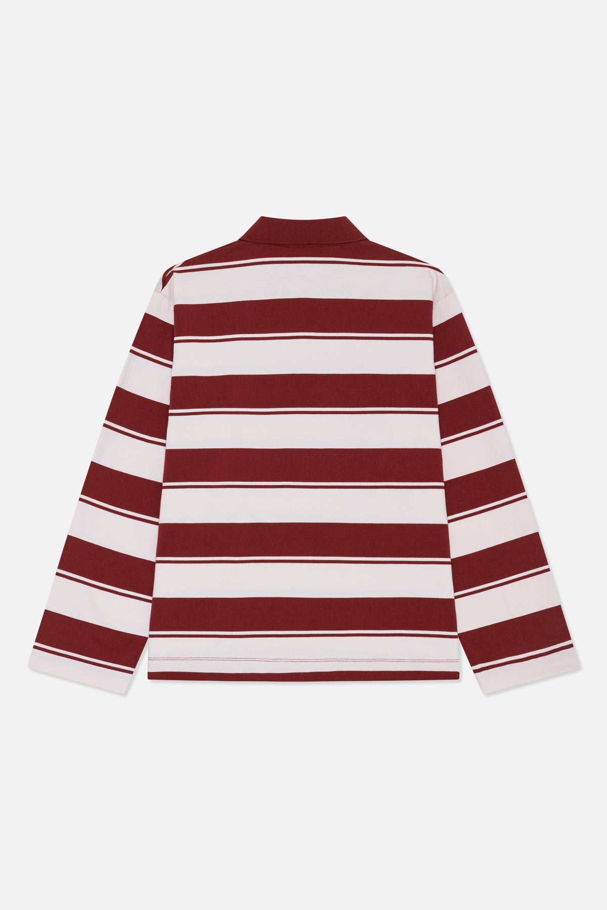 Back view of a long-sleeved polo shirt with broad burgundy and off-white horizontal stripes and a solid burgundy collar