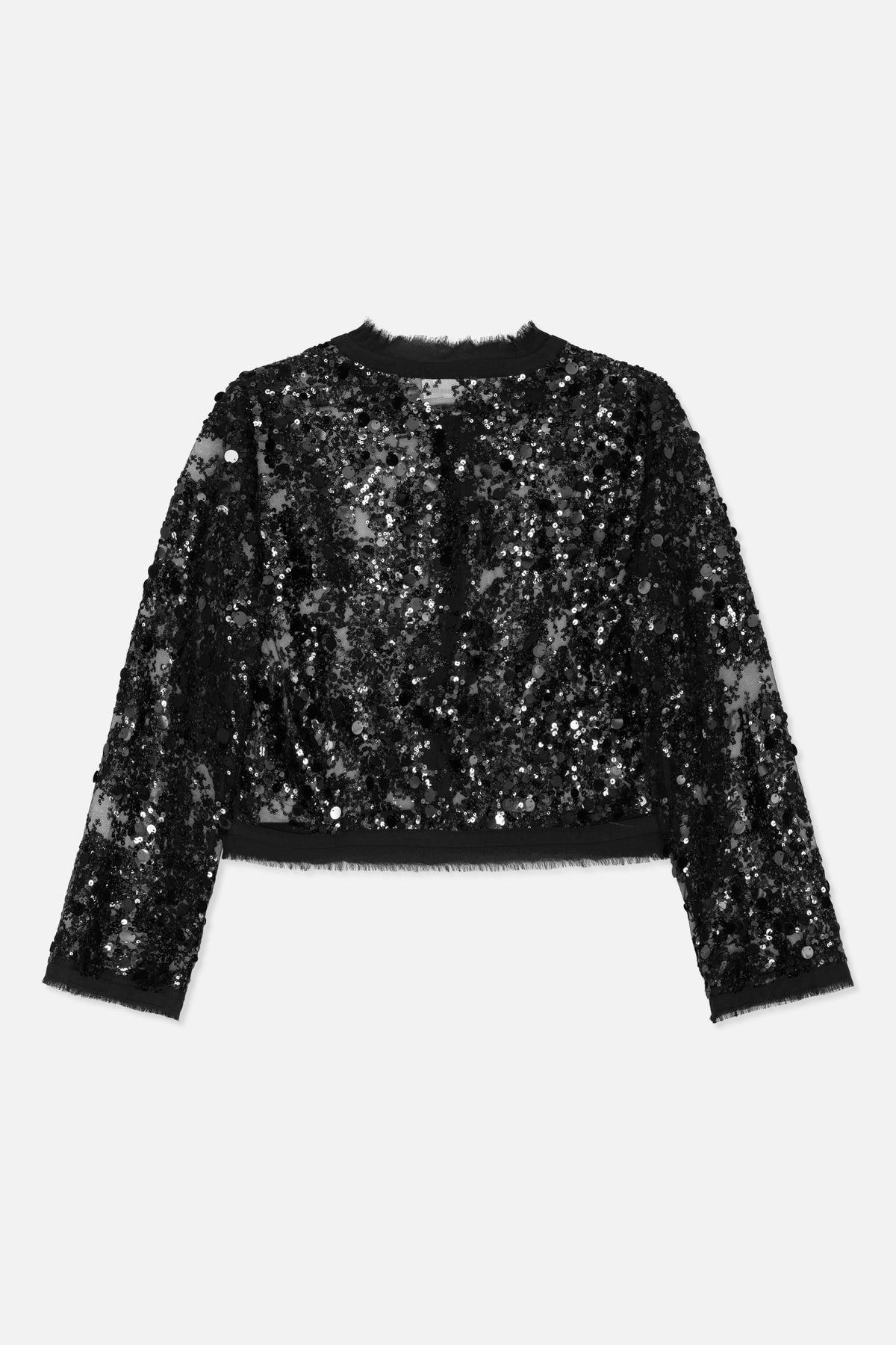 Front view of a black long-sleeved top covered in sequins, with sheer mesh sections and frayed trim at the neckline and hem.