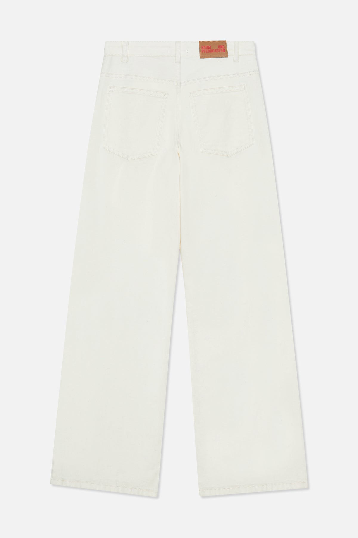 Back view of off-white wide-leg jeans with belt loops, two patch pockets and a tan brand patch.