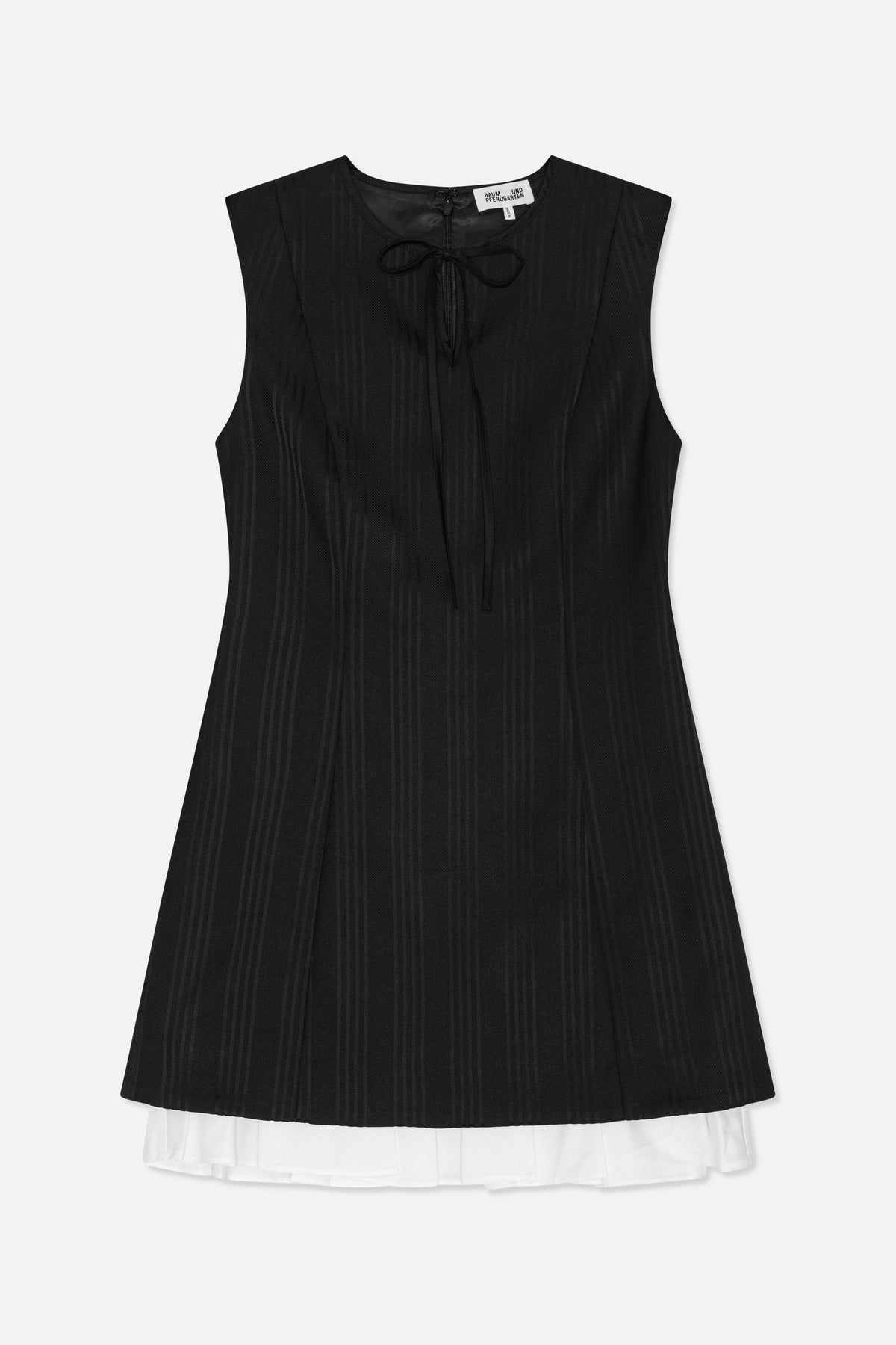 Front view of a black sleeveless mini dress with subtle vertical stripes, a bow-tied zip neckline and a white ruffled hem.