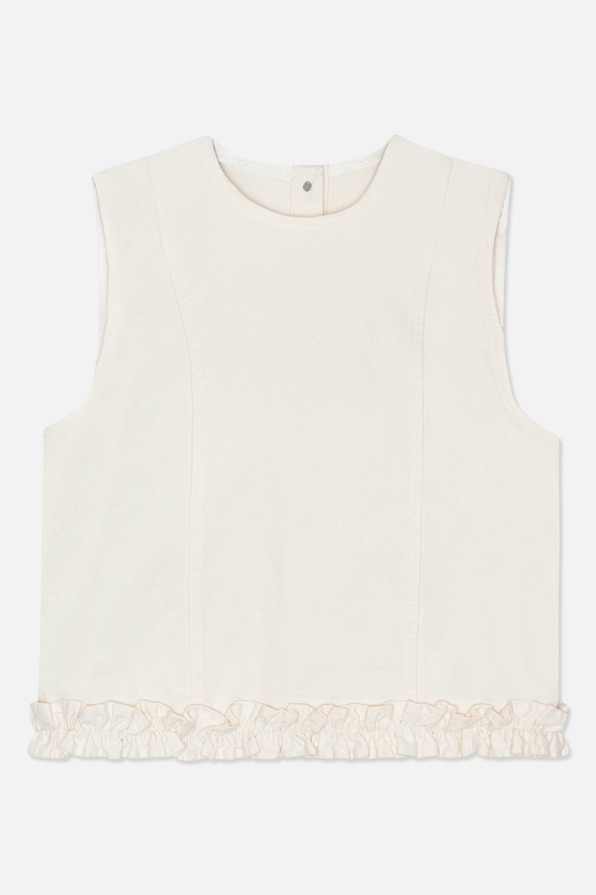 Front detail of an ivory sleeveless top with a rounded neckline, panel seams, a back-neck snap and a gathered ruffle hem.