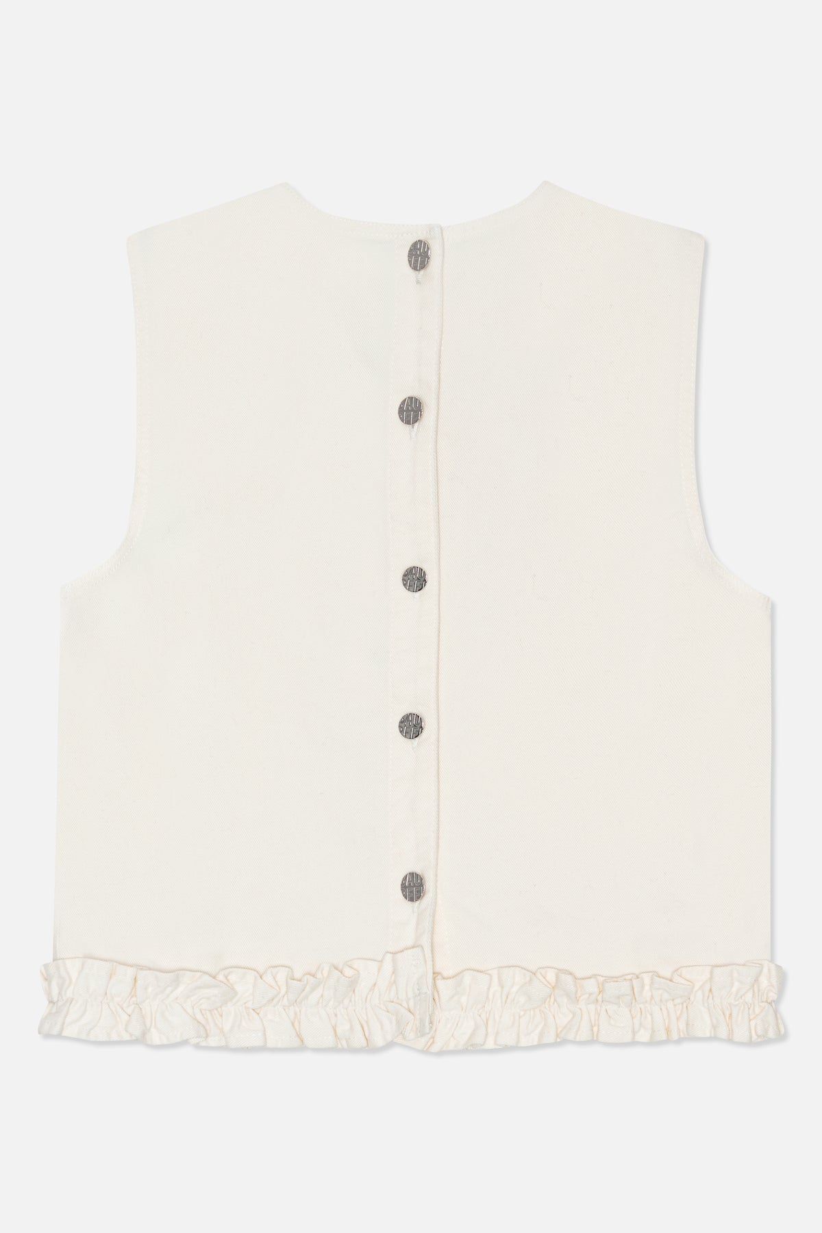 Back view of an ivory sleeveless top with a round neckline, centre-back buttons and a gathered ruffle hem.