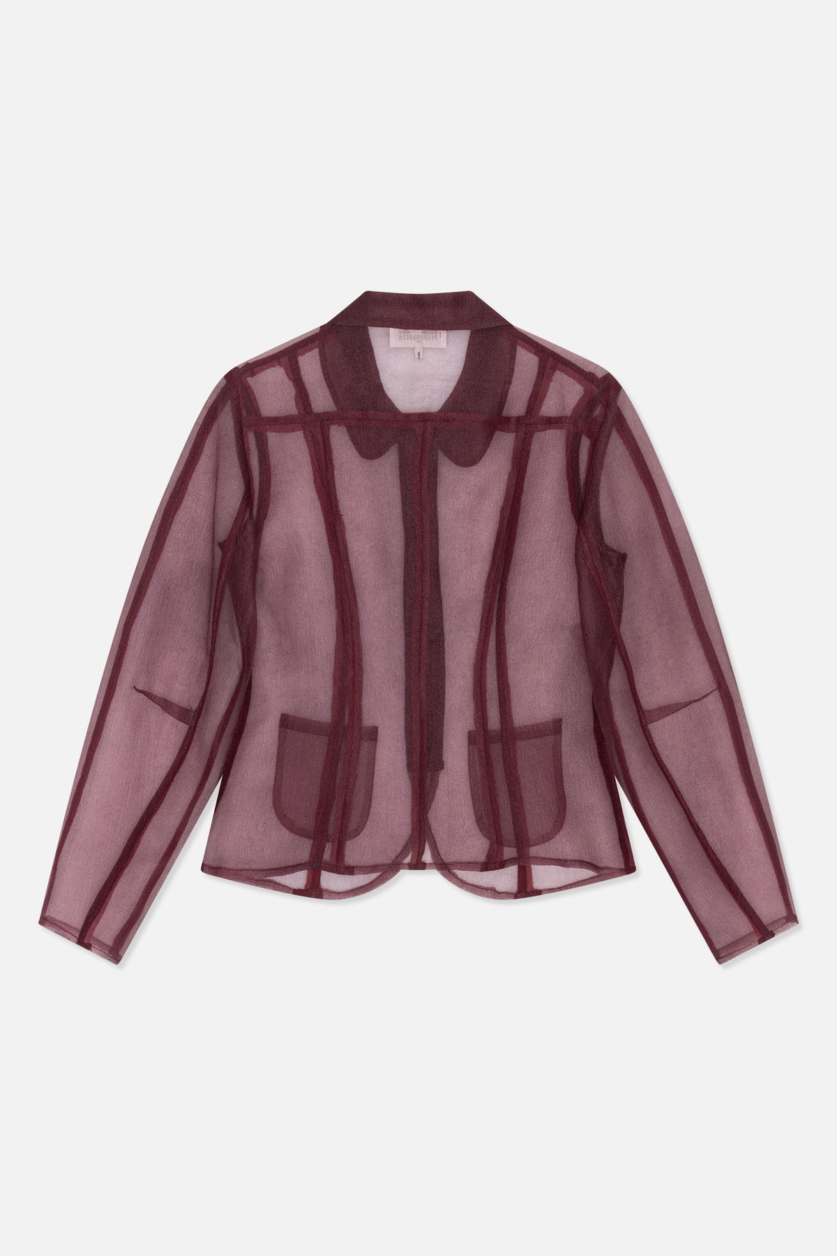 Back view of a sheer burgundy long-sleeved shirt with bold dark vertical stripes and a pointed collar.