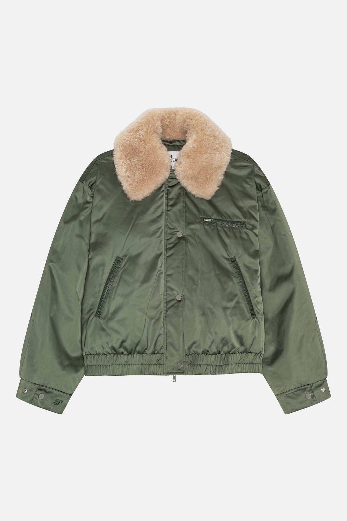 Front view of an olive green jacket with a large beige plush collar, snap-button closure, zip chest pocket and elasticated hem.