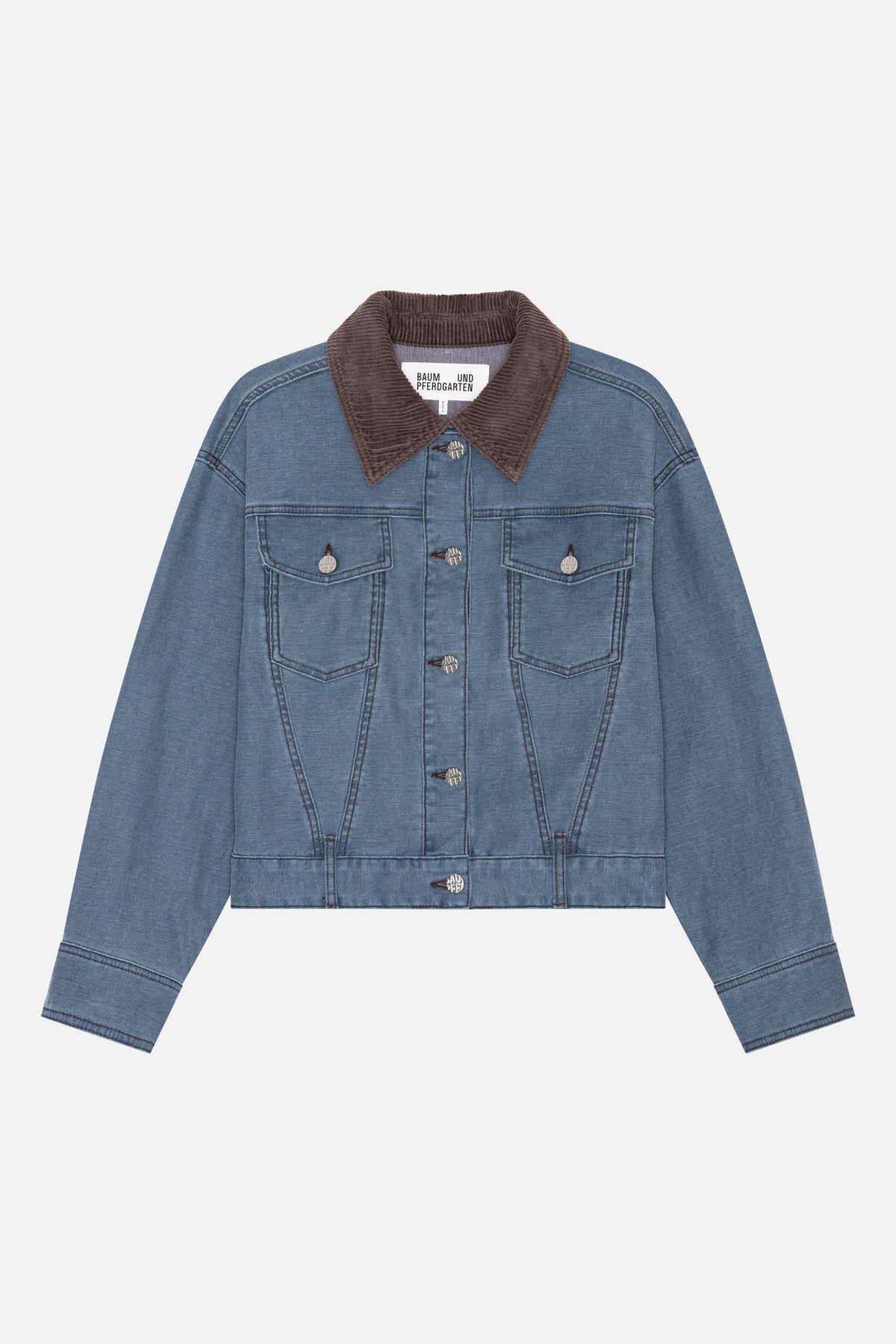 Front view of a blue denim jacket with a dark brown corduroy collar, button closure, and two flap chest pockets.
