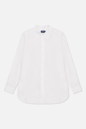 White long-sleeved button-up shirt shown from the front, with a pointed collar and curved hem.