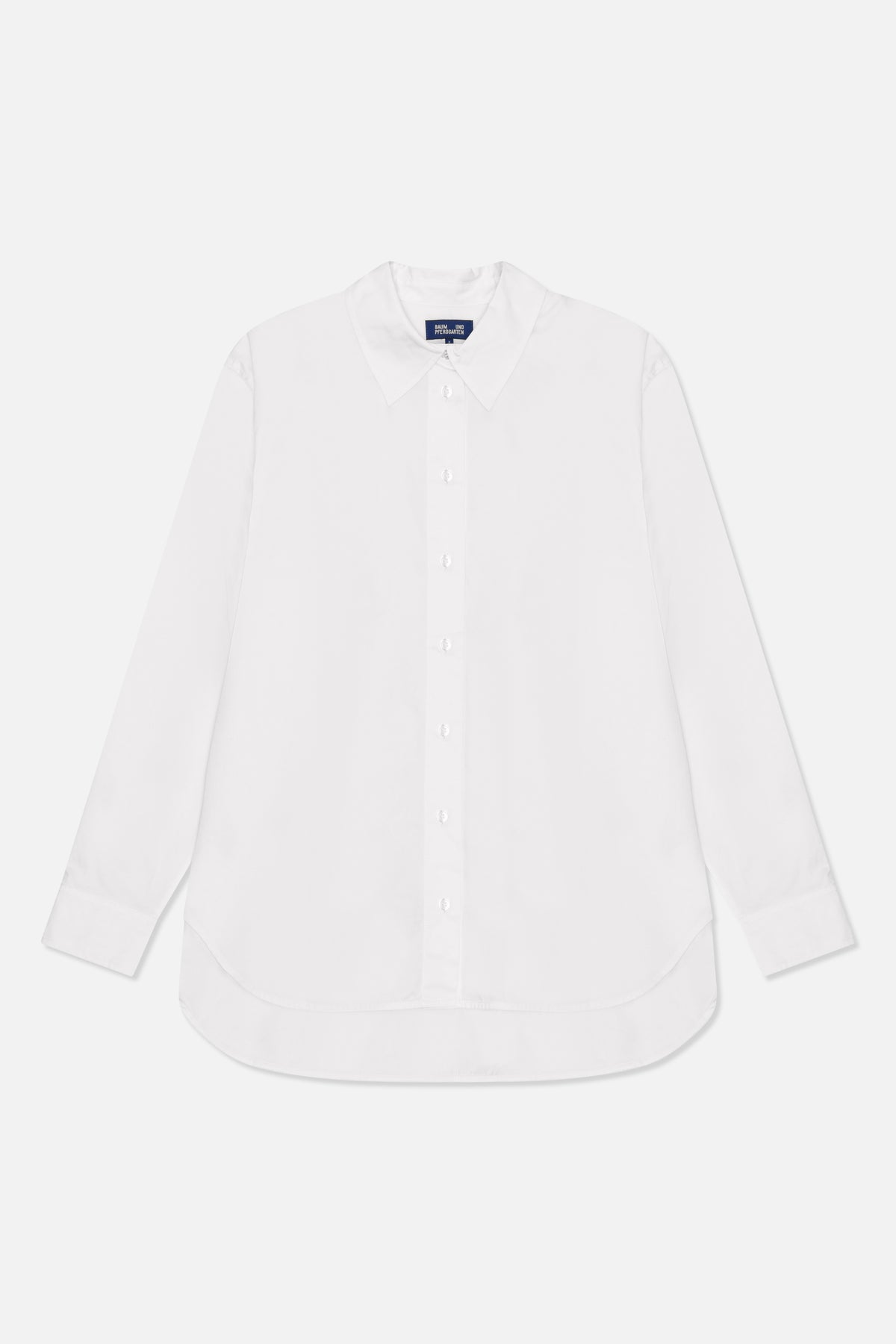 White long-sleeved button-up shirt shown from the front, with a pointed collar and curved hem.