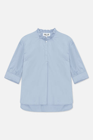 Light blue front-view blouse with a ruffled stand collar, button placket, elbow-length sleeves and wide cuffs.