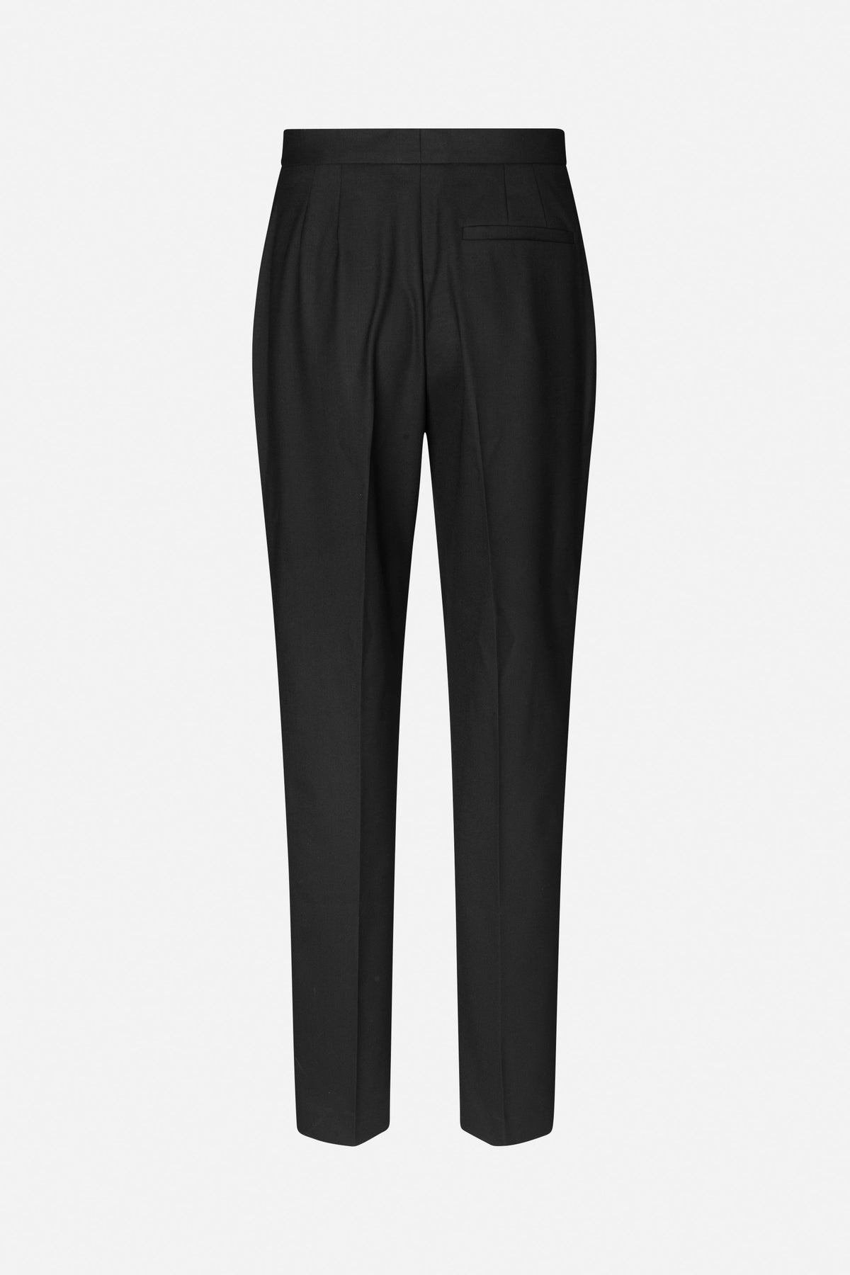 Back view of black tailored trousers with straight legs, a wide waistband and a single welt pocket.
