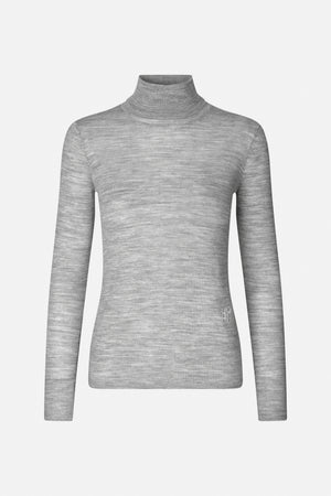 Front view of a long-sleeved heather grey knit top with a high rolled neckline and small embroidered detail near the hem.