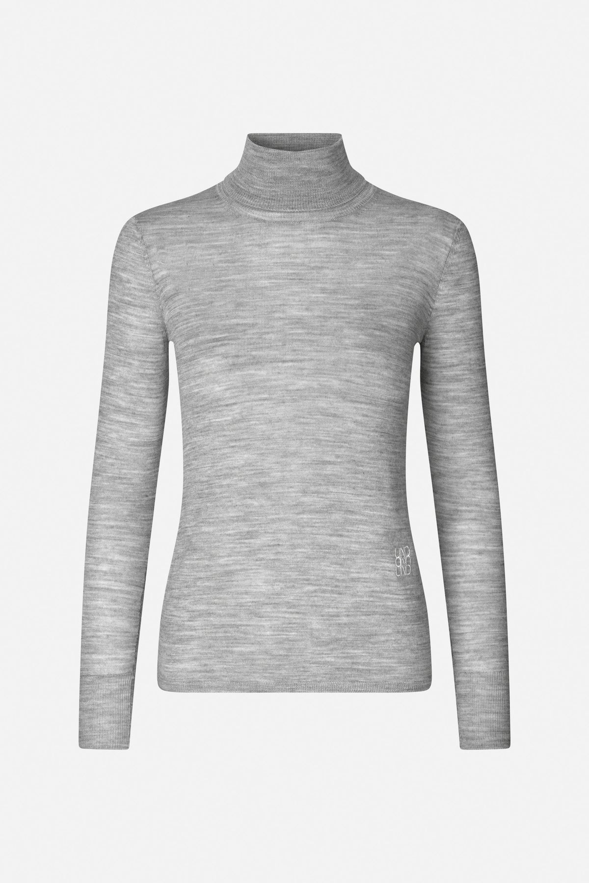 Front view of a long-sleeved heather grey knit top with a high rolled neckline and small embroidered detail near the hem.