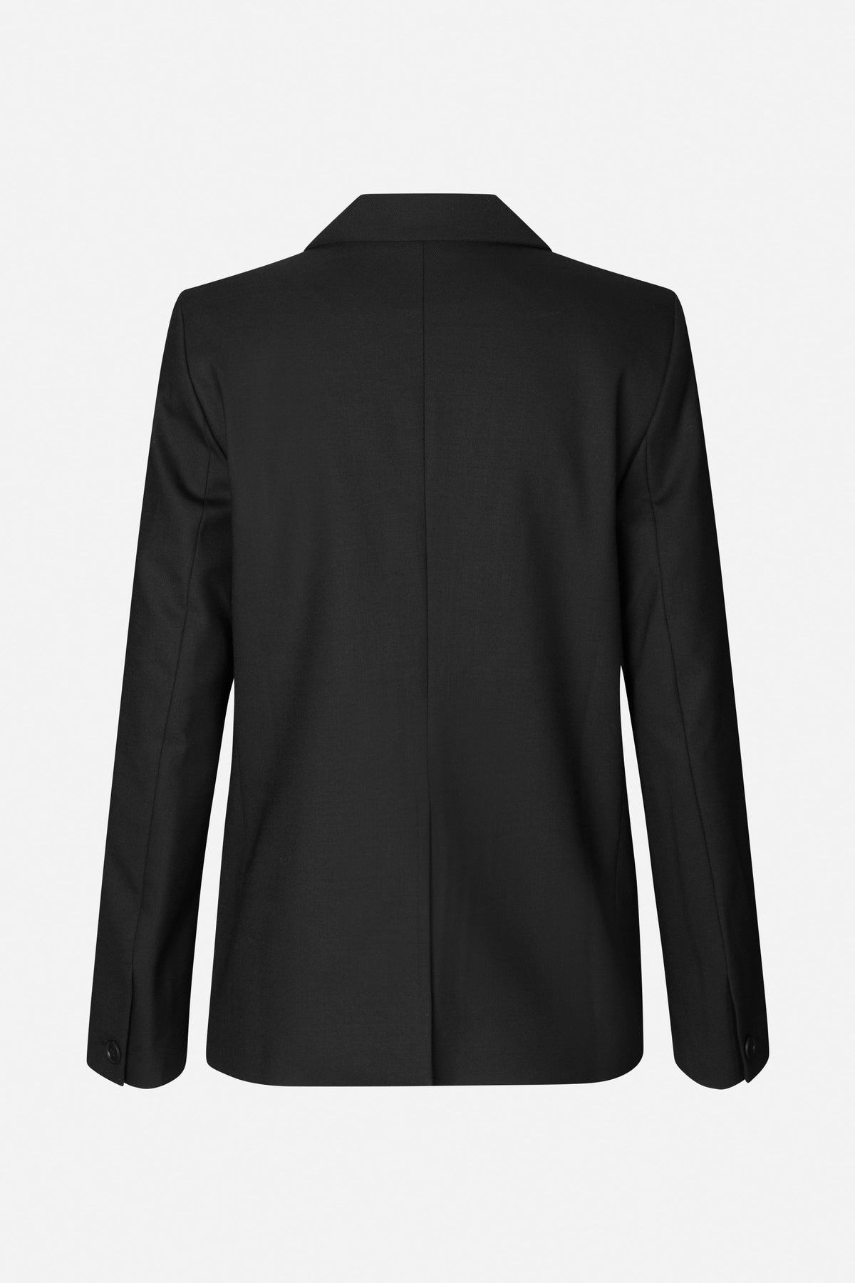 Back view of a black tailored blazer with a centre seam, notched collar and buttoned cuffs.