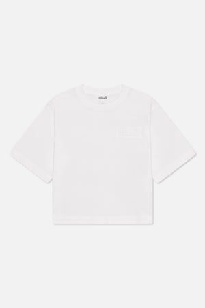 White short-sleeved crew-neck T-shirt, front view, with subtle tonal Baum und Pferdgarten lettering on the chest.