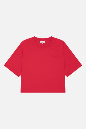 Front view of a bright red short-sleeved crew-neck T-shirt with subtle tonal chest lettering.