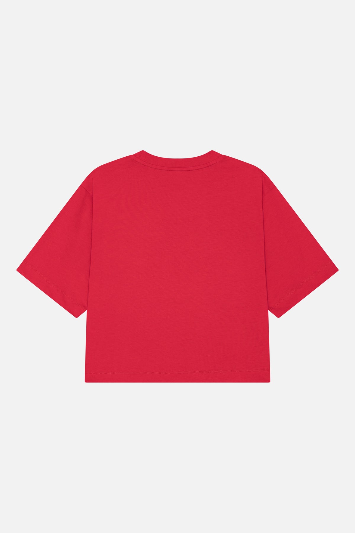 Back view of a plain bright red short-sleeve T-shirt with a ribbed crew neckline.