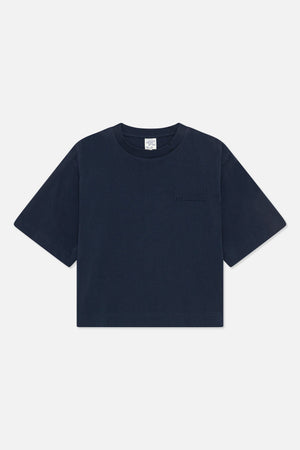 Front view of a navy short-sleeved T-shirt with a crew neck and subtle tonal chest lettering.