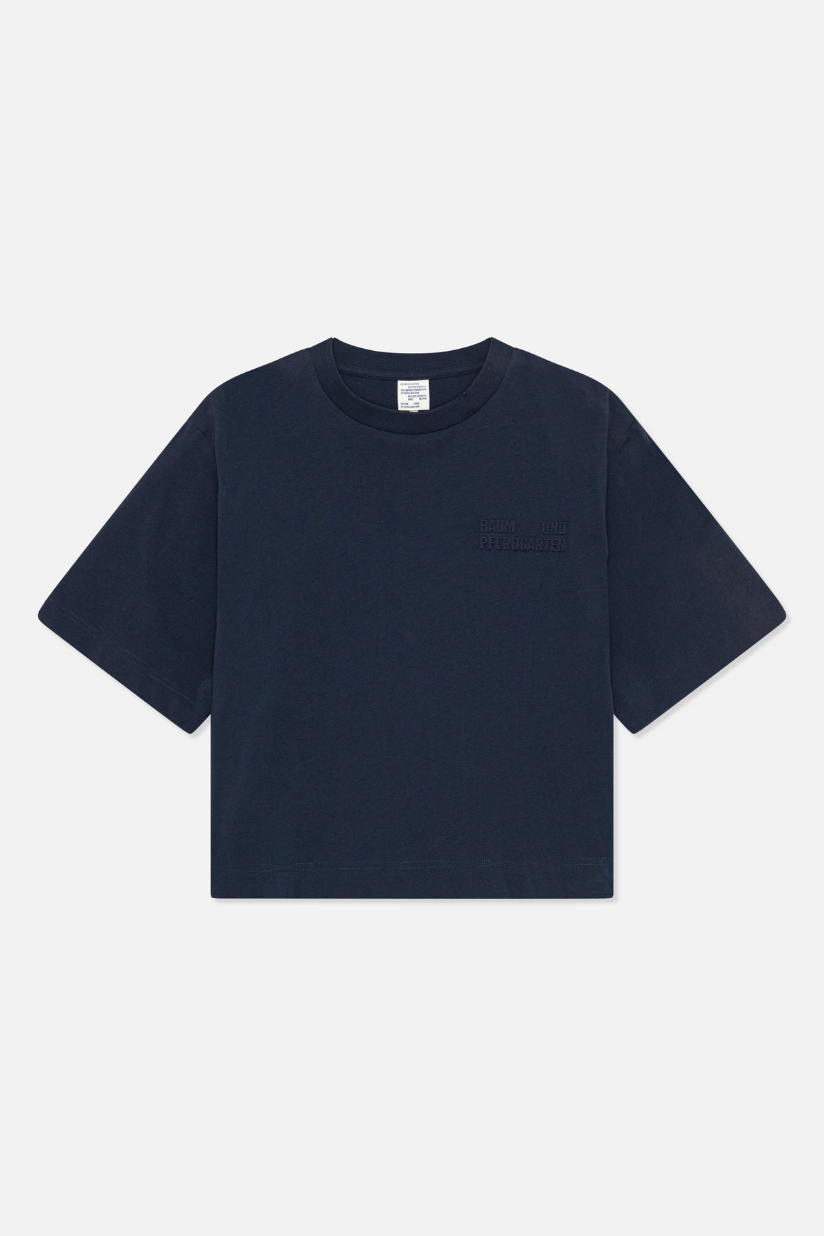 Front view of a navy short-sleeved T-shirt with a crew neck and subtle tonal chest lettering.