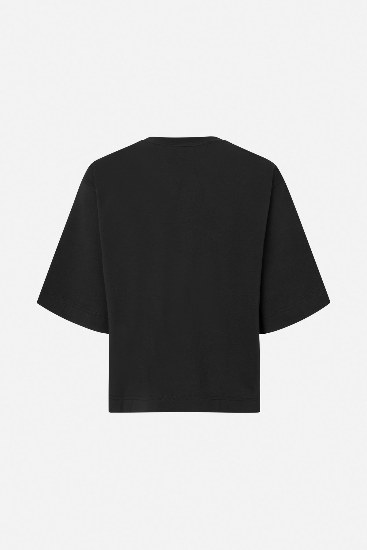 Back view of a plain black short-sleeved T-shirt with a crew neck and straight hem.