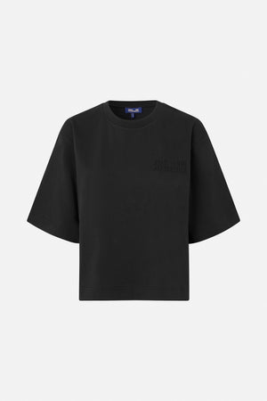 Black short-sleeved crew-neck T-shirt, front view, with tonal Baum und Pferdgarten lettering on the chest.