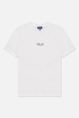 White short-sleeved crew-neck T-shirt with small black Baum und Pferdgarten lettering on the chest, shown from the front.