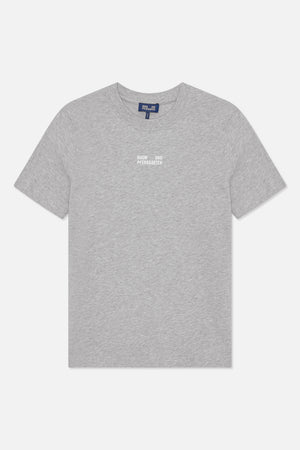 Front view of a heather grey short-sleeved T-shirt with a crew neck and small white Baum und Pferdgarten text on the chest.