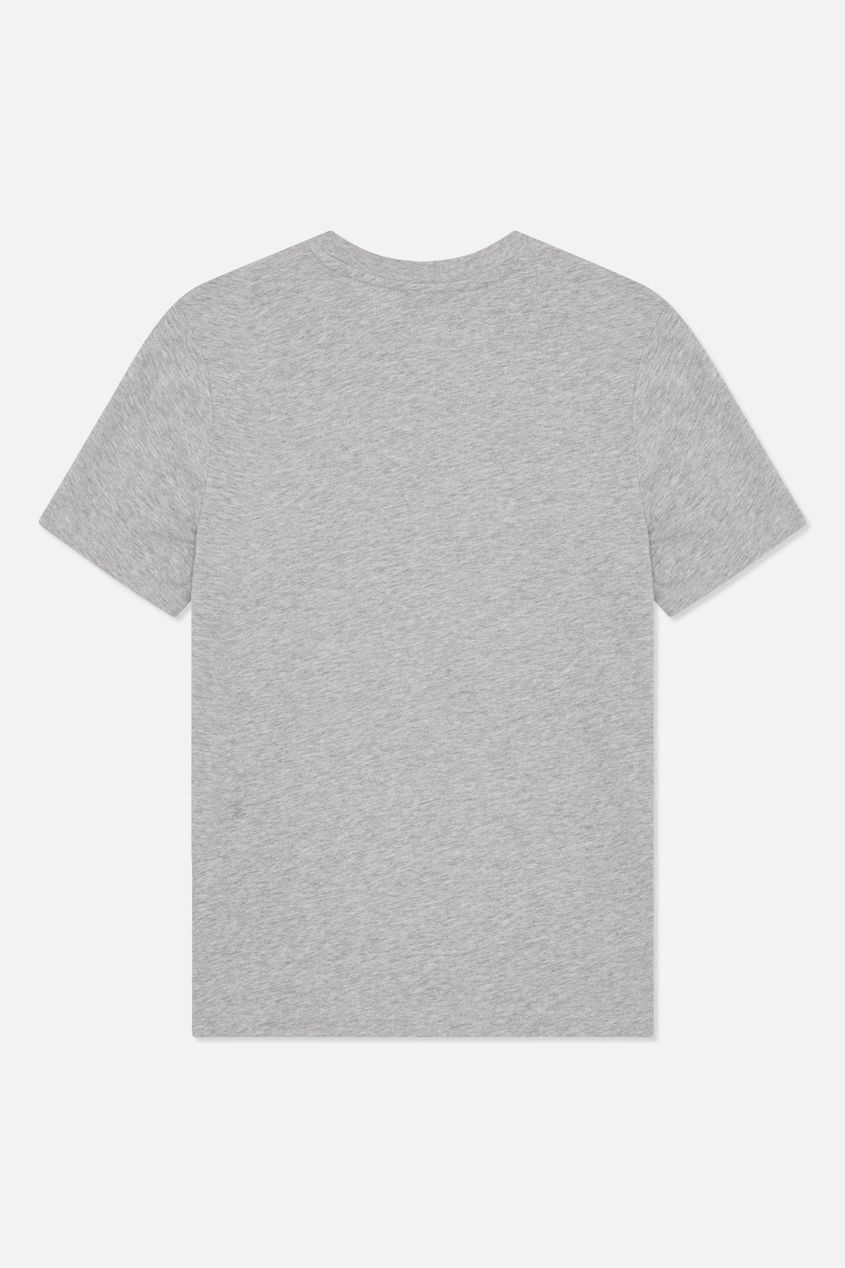 Back view of a plain heather grey short-sleeved T-shirt with a ribbed crew neck.