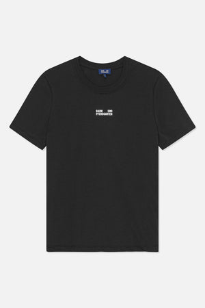 Front view of a black short-sleeve crew-neck T-shirt with small white Baum und Pferdgarten lettering on the chest