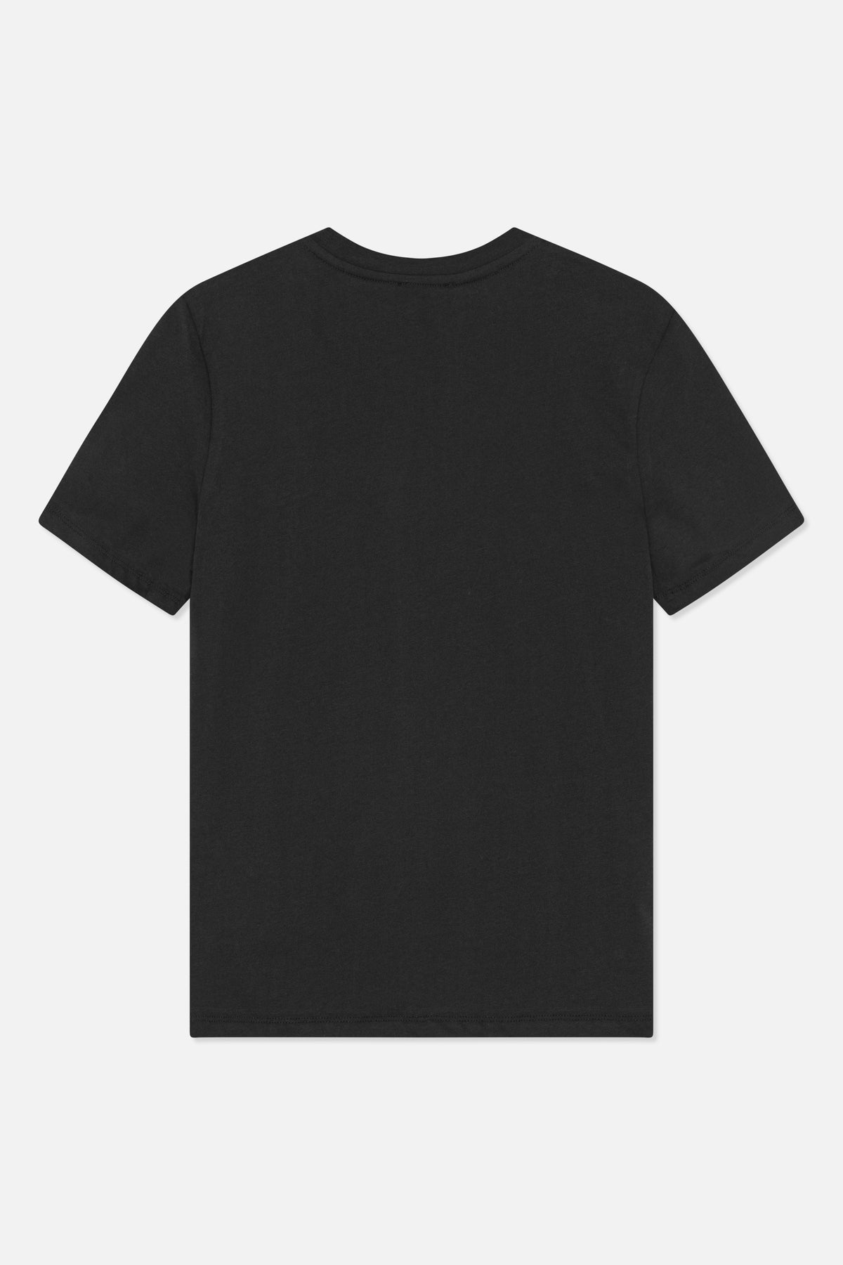 Plain black short-sleeved crew-neck T-shirt shown from the back, with a straight hem and no visible graphics.