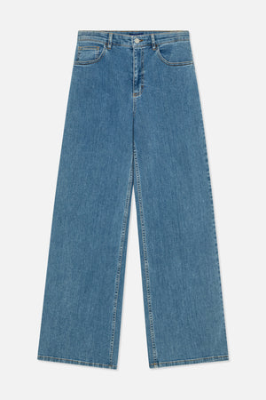 Front view of wide-leg jeans in medium blue denim with copper-toned stitching, belt loops and a button closure.
