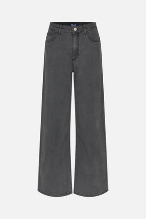 Front view of charcoal grey wide-leg jeans with a button closure, belt loops and curved front pockets.