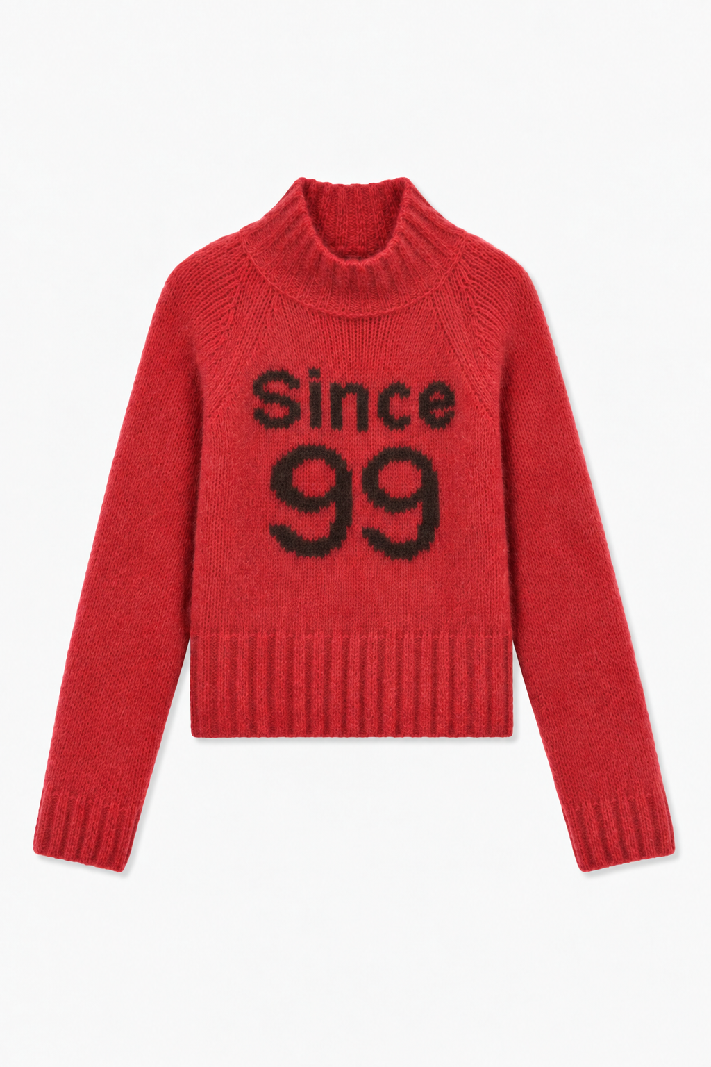 Red long-sleeved knit sweater with a high ribbed collar and black “Since 99” lettering on the front
