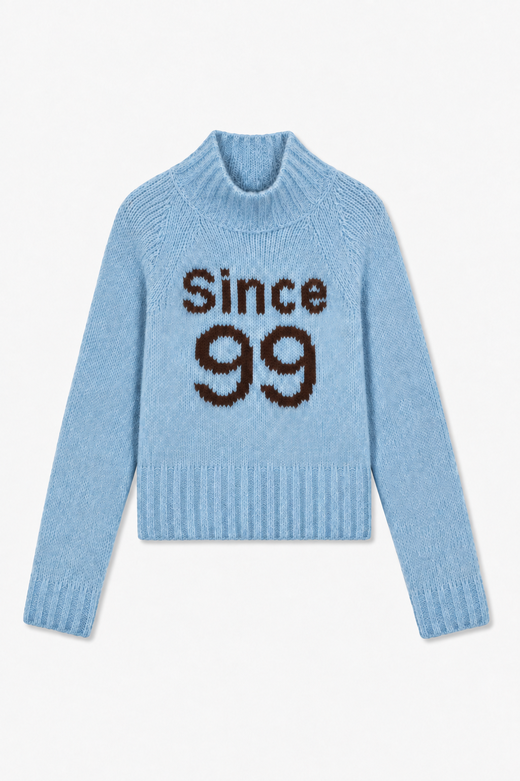 Light blue high-neck knit sweater with brown “Since 99” lettering, shown from the front.