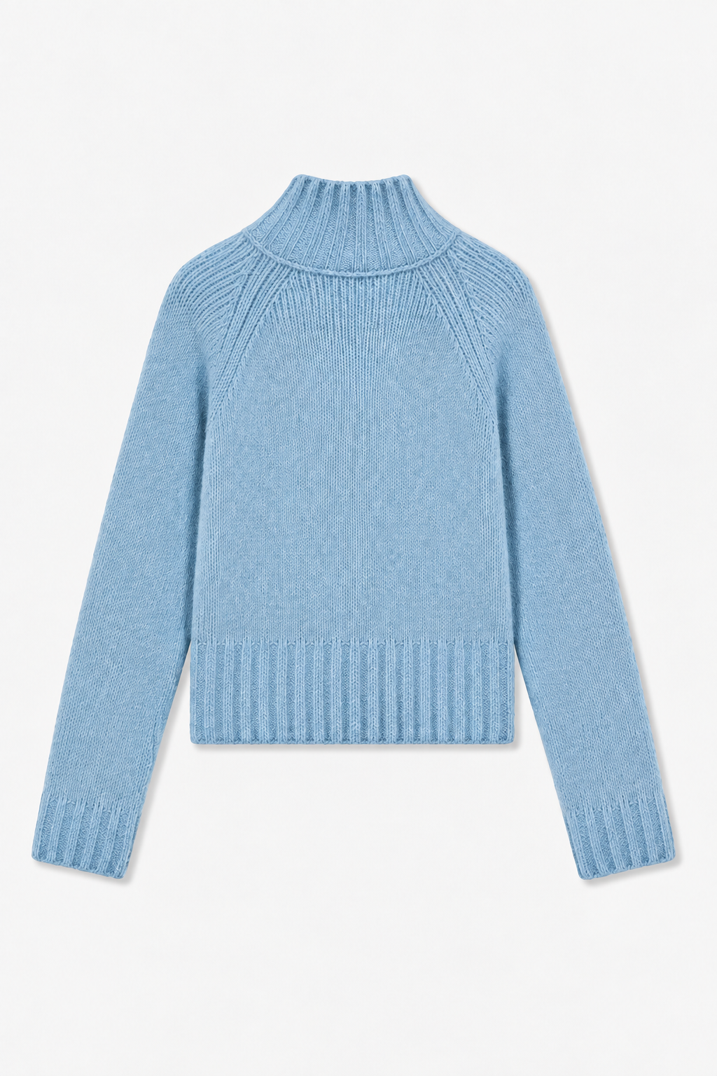 Light blue knitted sweater with a high ribbed collar, raglan sleeves and ribbed cuffs and hem, shown from the front.