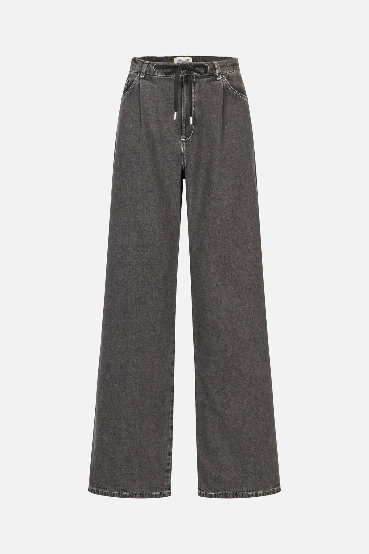 Vorderansicht einer anthrazitgrauen Wide-Leg-Jeans mit schwarzem Kordelbund, geschwungenen Taschen und Kontrastnähten.